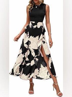 Floral Print Black & Cream Midi Dress - L